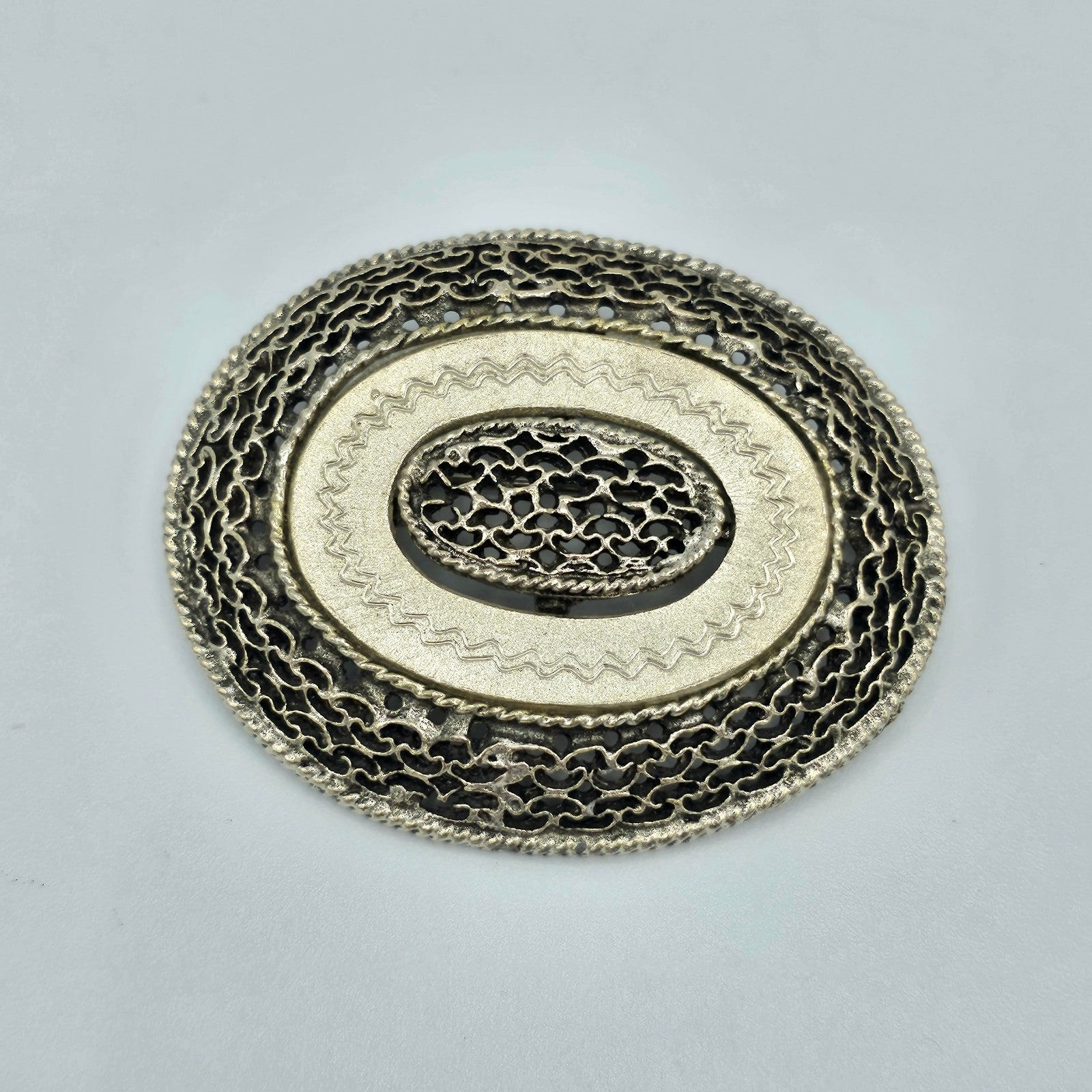 Pastelli Brooch Vintage Oval Filigree Etched Silvertone Statement Jewelry